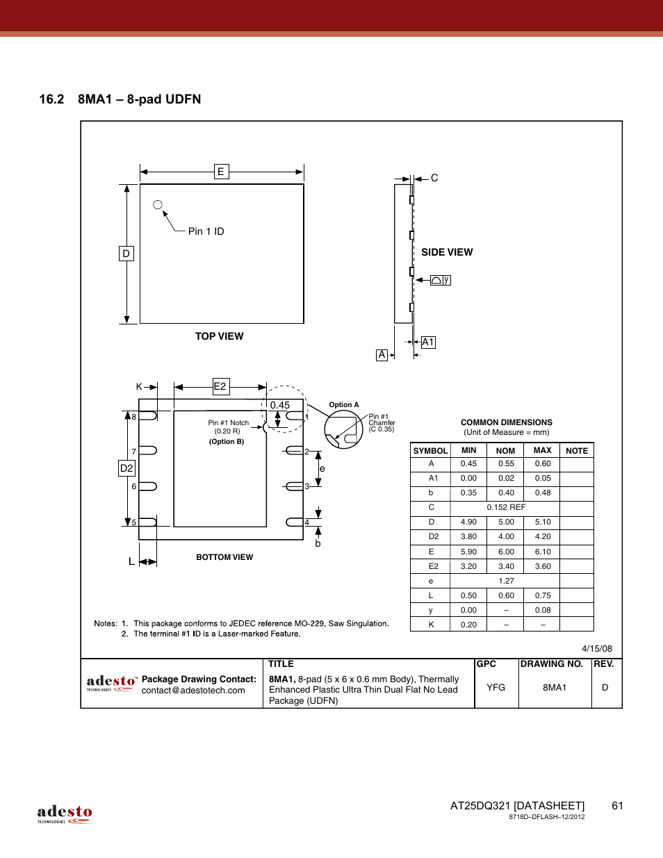 2 8ma1 – 8-pad udfn | Rainbow Electronics AT25DQ321 User Manual | Page 61 / 64