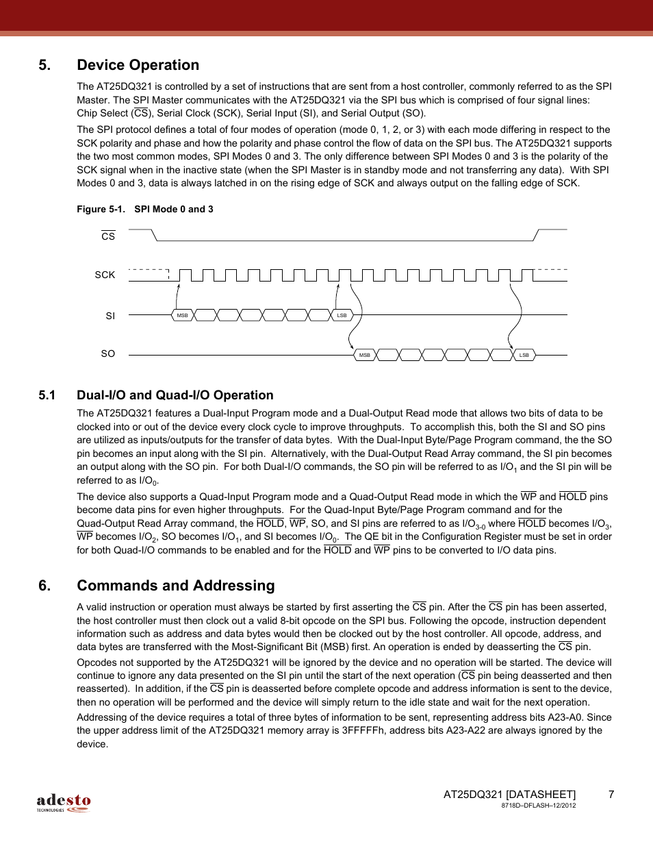 Device operation, 1 dual-i/o and quad-i/o operation, Commands and addressing | Rainbow Electronics AT25DQ321 User Manual | Page 7 / 64