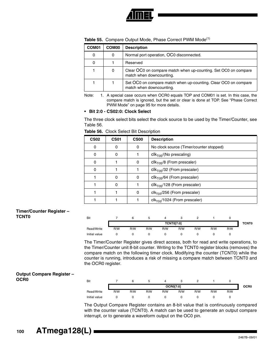 Timer/counter register – tcnt0, Output compare register – ocr0, To table 55 on | Table 55 on, Table 55, Atmega128(l) | Rainbow Electronics ATmega128L User Manual | Page 100 / 331