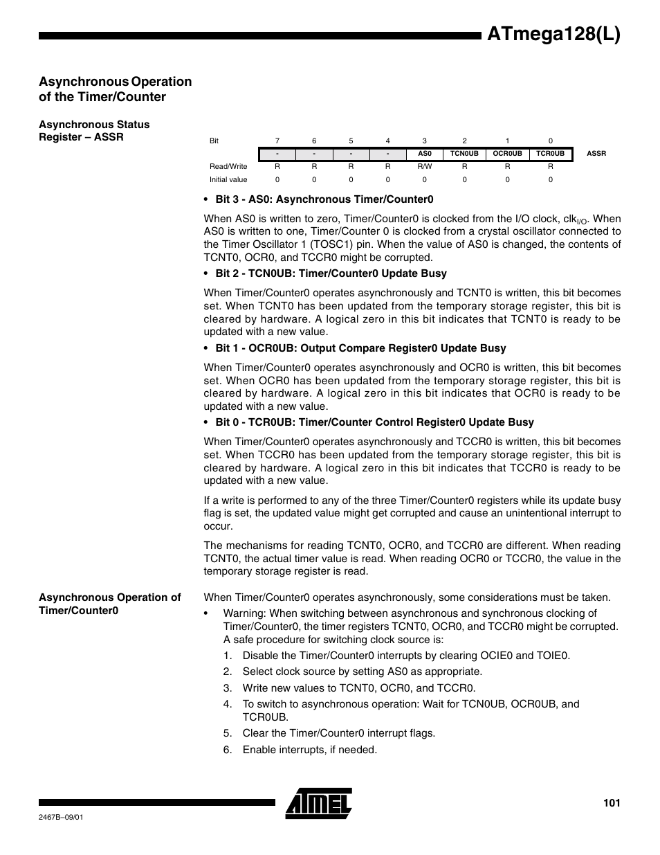 Asynchronous operation of the timer/counter, Asynchronous status register – assr, Asynchronous operation of timer/counter0 | Atmega128(l) | Rainbow Electronics ATmega128L User Manual | Page 101 / 331