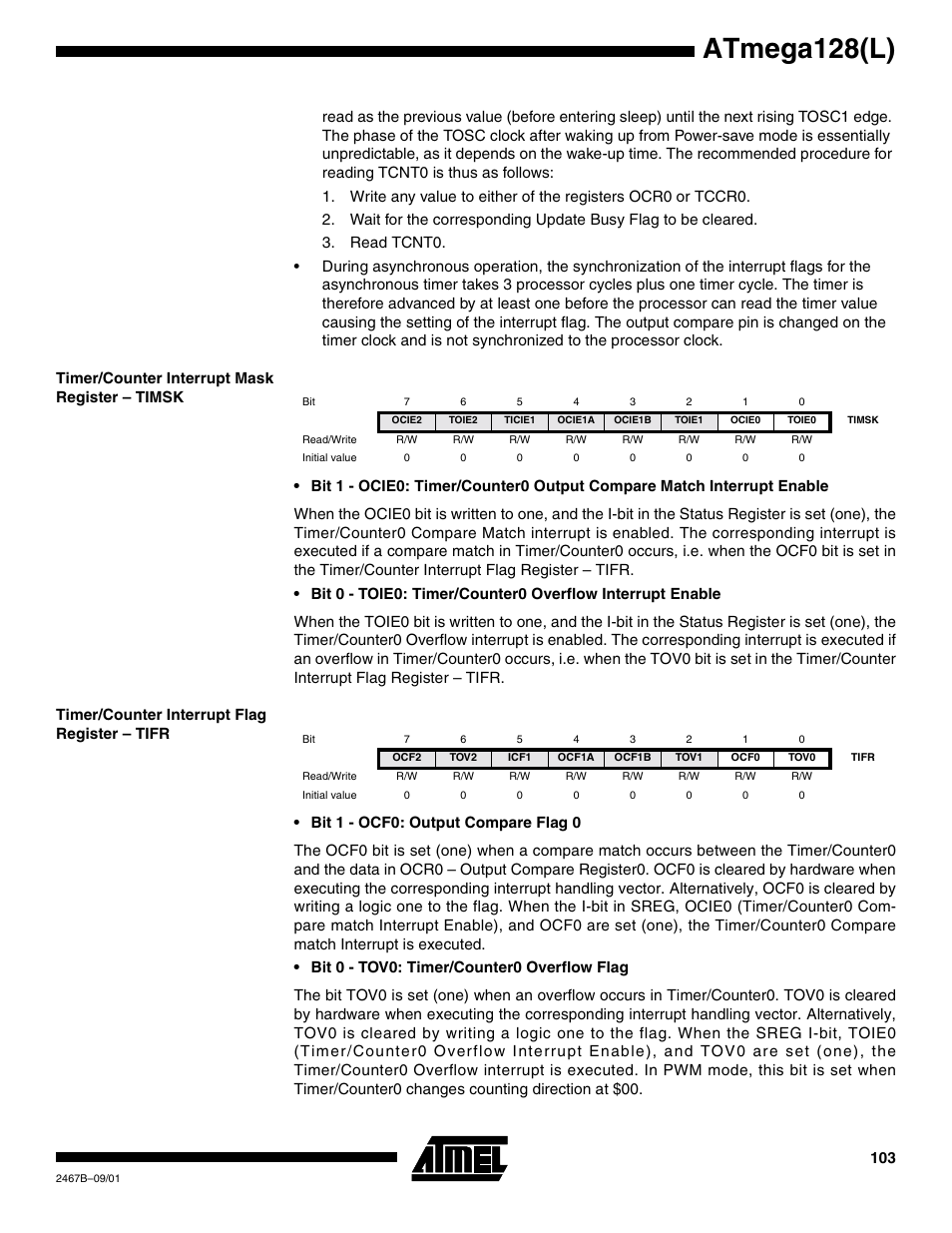 Timer/counter interrupt mask register – timsk, Timer/counter interrupt flag register – tifr, Atmega128(l) | Rainbow Electronics ATmega128L User Manual | Page 103 / 331