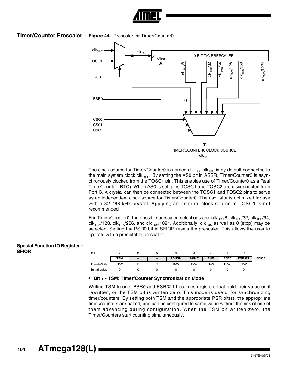 Timer/counter prescaler, Special function io register – sfior, Atmega128(l) | Rainbow Electronics ATmega128L User Manual | Page 104 / 331