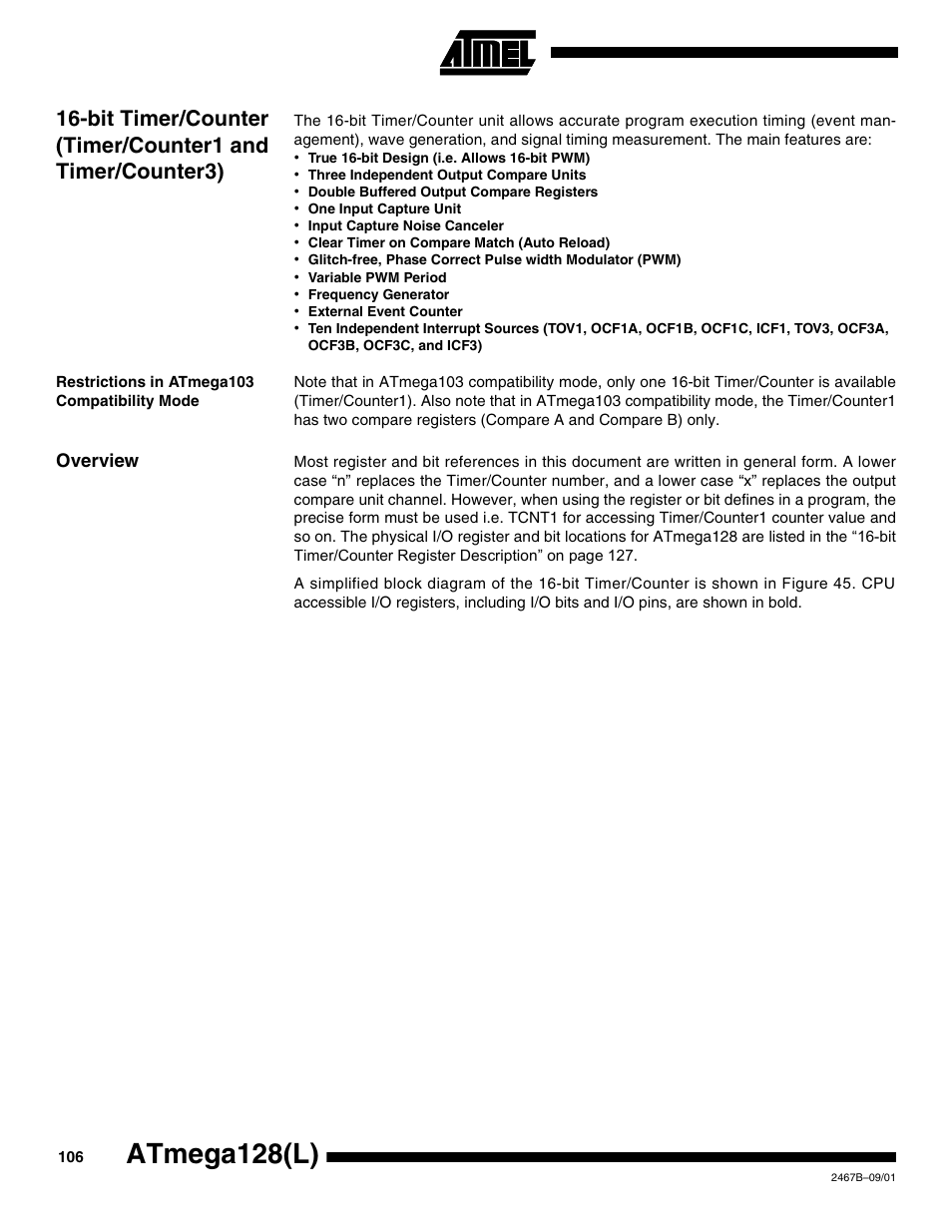 Restrictions in atmega103 compatibility mode, Overview, Atmega128(l) | Rainbow Electronics ATmega128L User Manual | Page 106 / 331