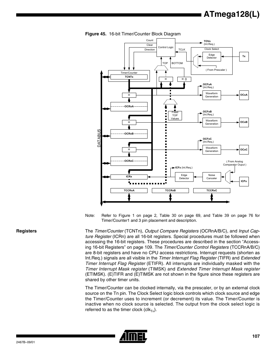 Registers, Atmega128(l), Figure 45. 16-bit timer/counter block diagram | Rainbow Electronics ATmega128L User Manual | Page 107 / 331