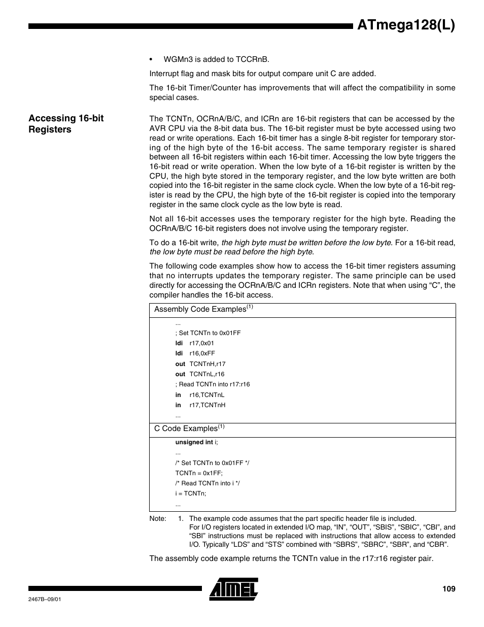 Accessing 16-bit registers, Access, Atmega128(l) | Rainbow Electronics ATmega128L User Manual | Page 109 / 331
