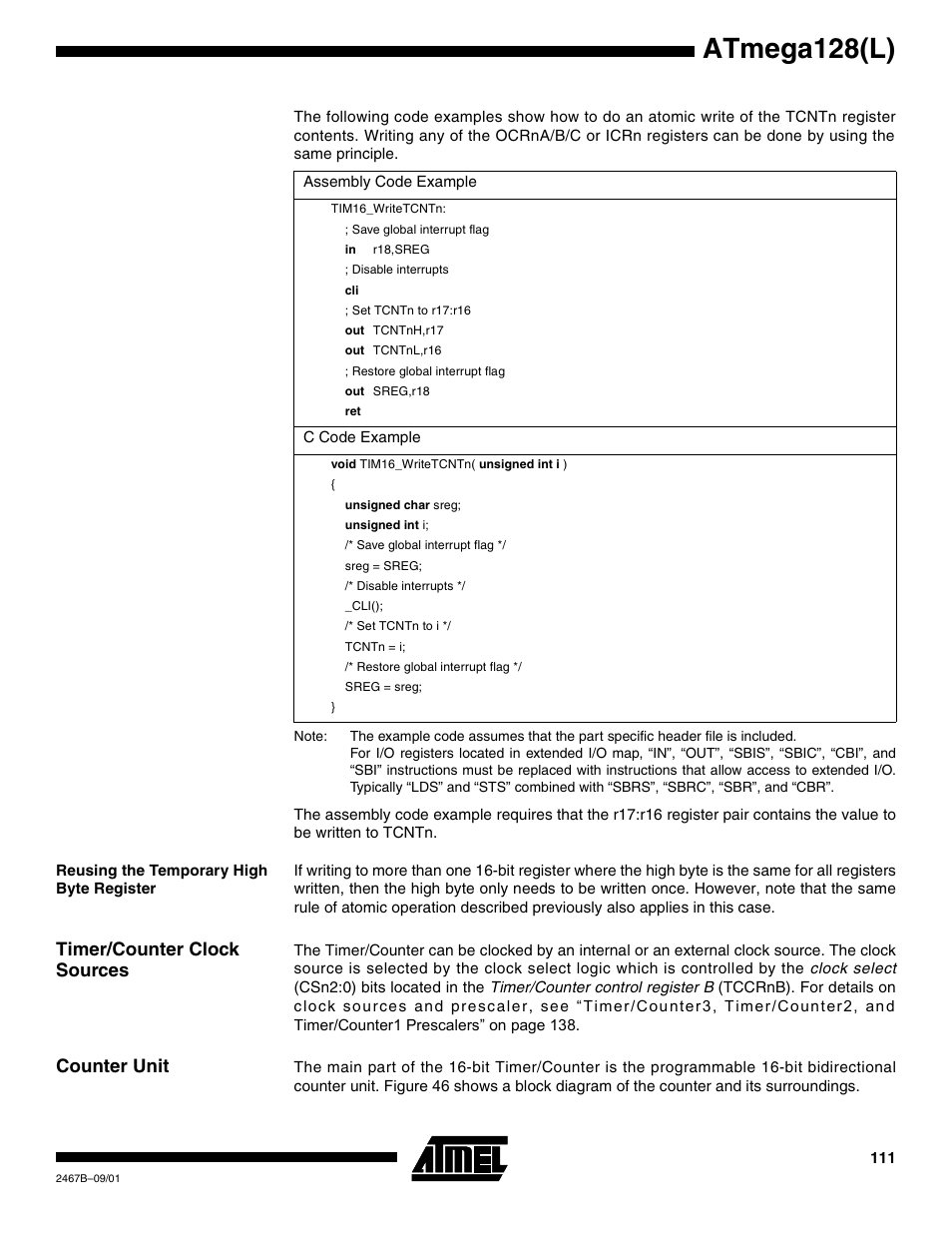 Reusing the temporary high byte register, Timer/counter clock sources, Counter unit | Atmega128(l) | Rainbow Electronics ATmega128L User Manual | Page 111 / 331