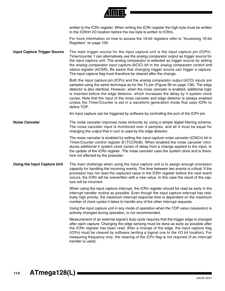 Input capture trigger source, Noise canceler, Using the input capture unit | Atmega128(l) | Rainbow Electronics ATmega128L User Manual | Page 114 / 331