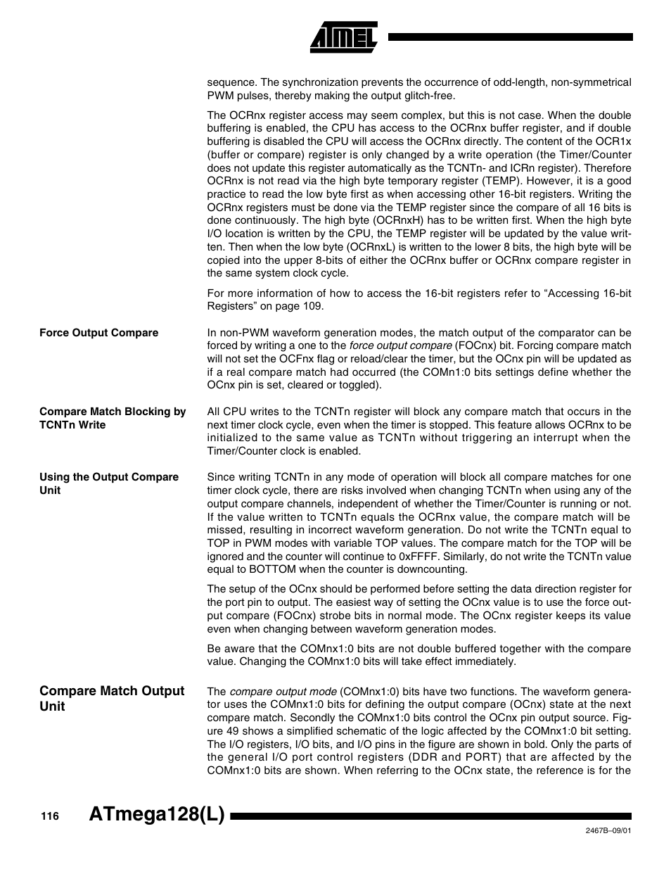 Force output compare, Compare match blocking by tcntn write, Using the output compare unit | Compare match output unit, Atmega128(l) | Rainbow Electronics ATmega128L User Manual | Page 116 / 331