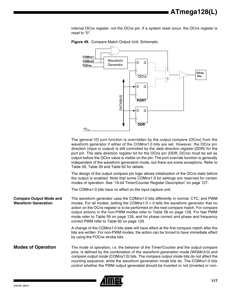 Compare output mode and waveform generation, Modes of operation, Ure 49 show | Atmega128(l) | Rainbow Electronics ATmega128L User Manual | Page 117 / 331