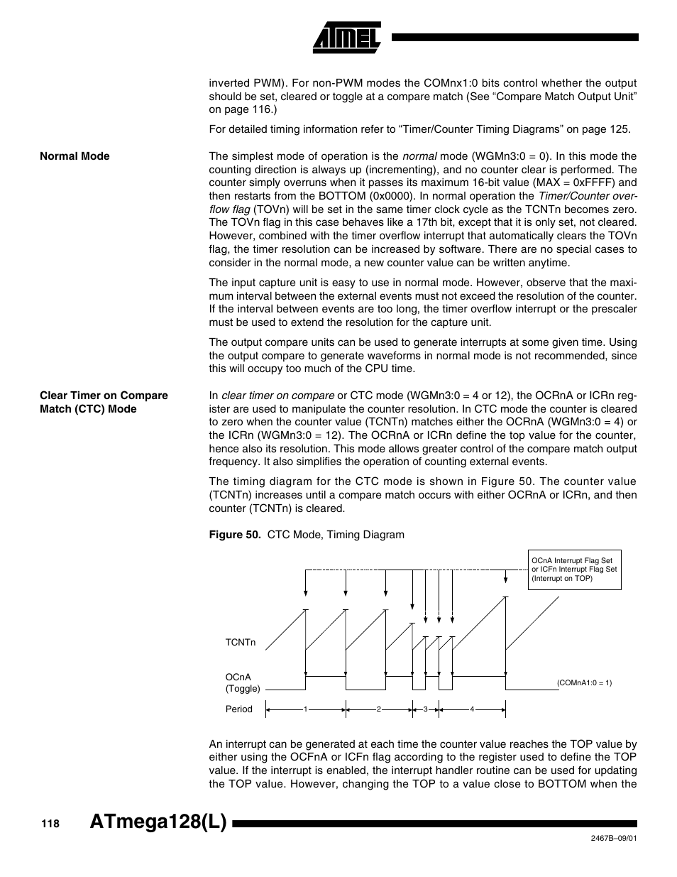 Normal mode, Clear timer on compare match (ctc) mode, Atmega128(l) | Rainbow Electronics ATmega128L User Manual | Page 118 / 331