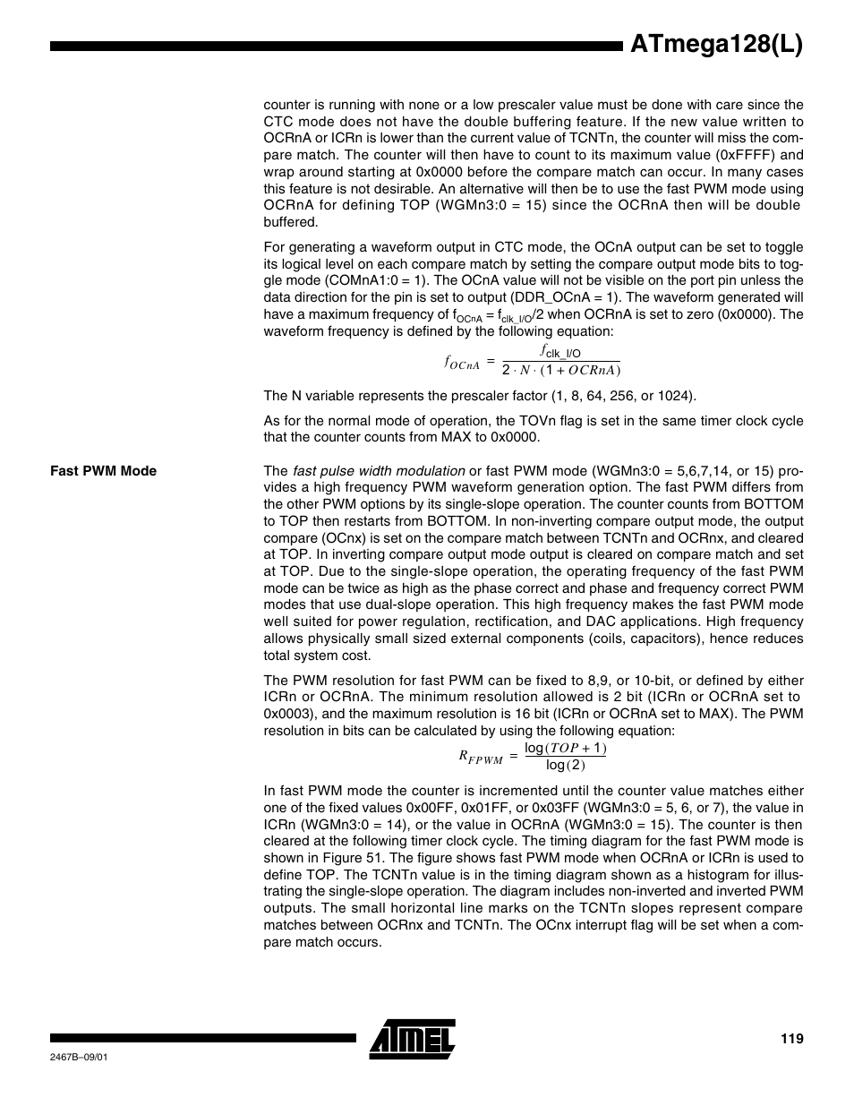 Fast pwm mode, Atmega128(l) | Rainbow Electronics ATmega128L User Manual | Page 119 / 331