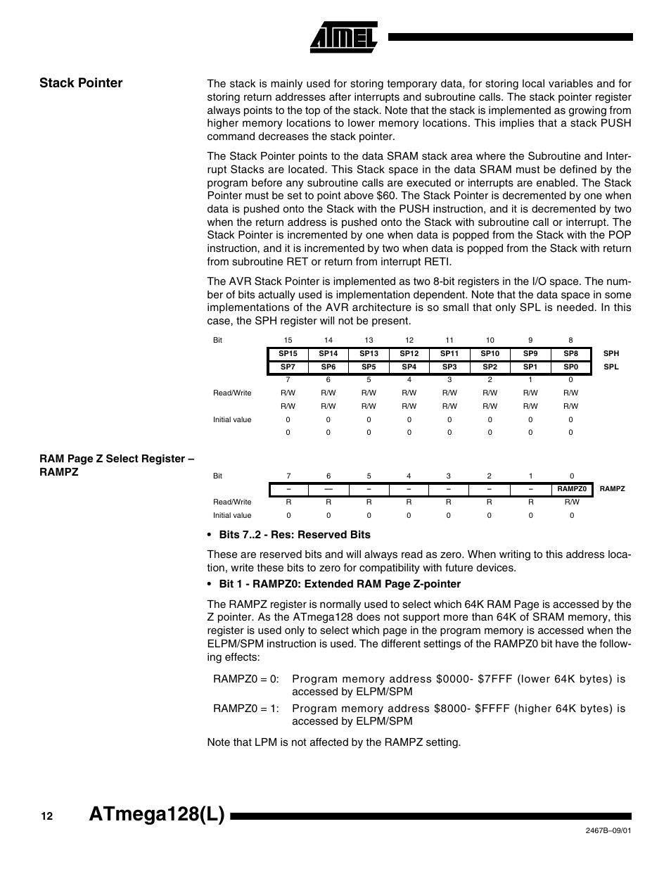 Stack pointer, Atmega128(l) | Rainbow Electronics ATmega128L User Manual | Page 12 / 331