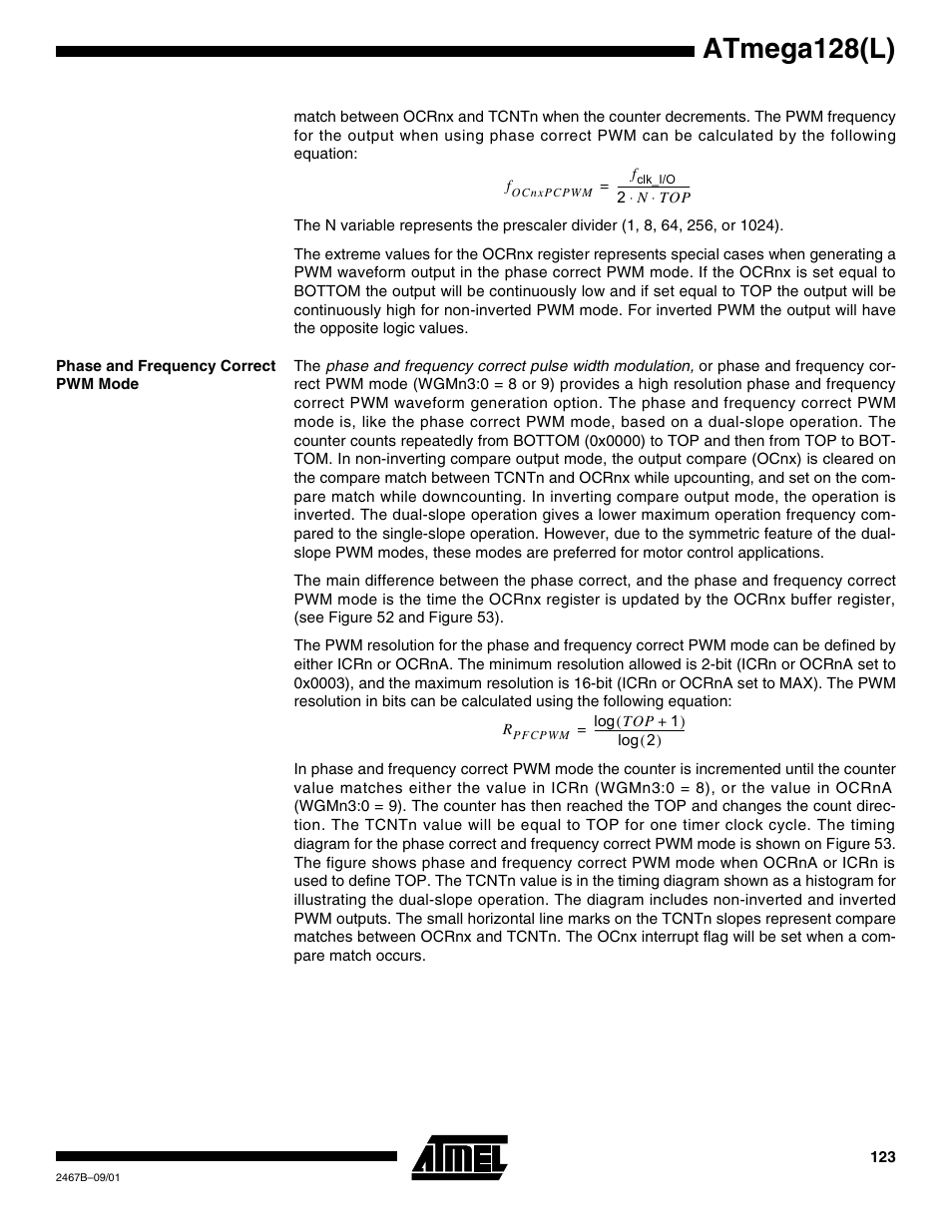 Phase and frequency correct pwm mode, Atmega128(l) | Rainbow Electronics ATmega128L User Manual | Page 123 / 331