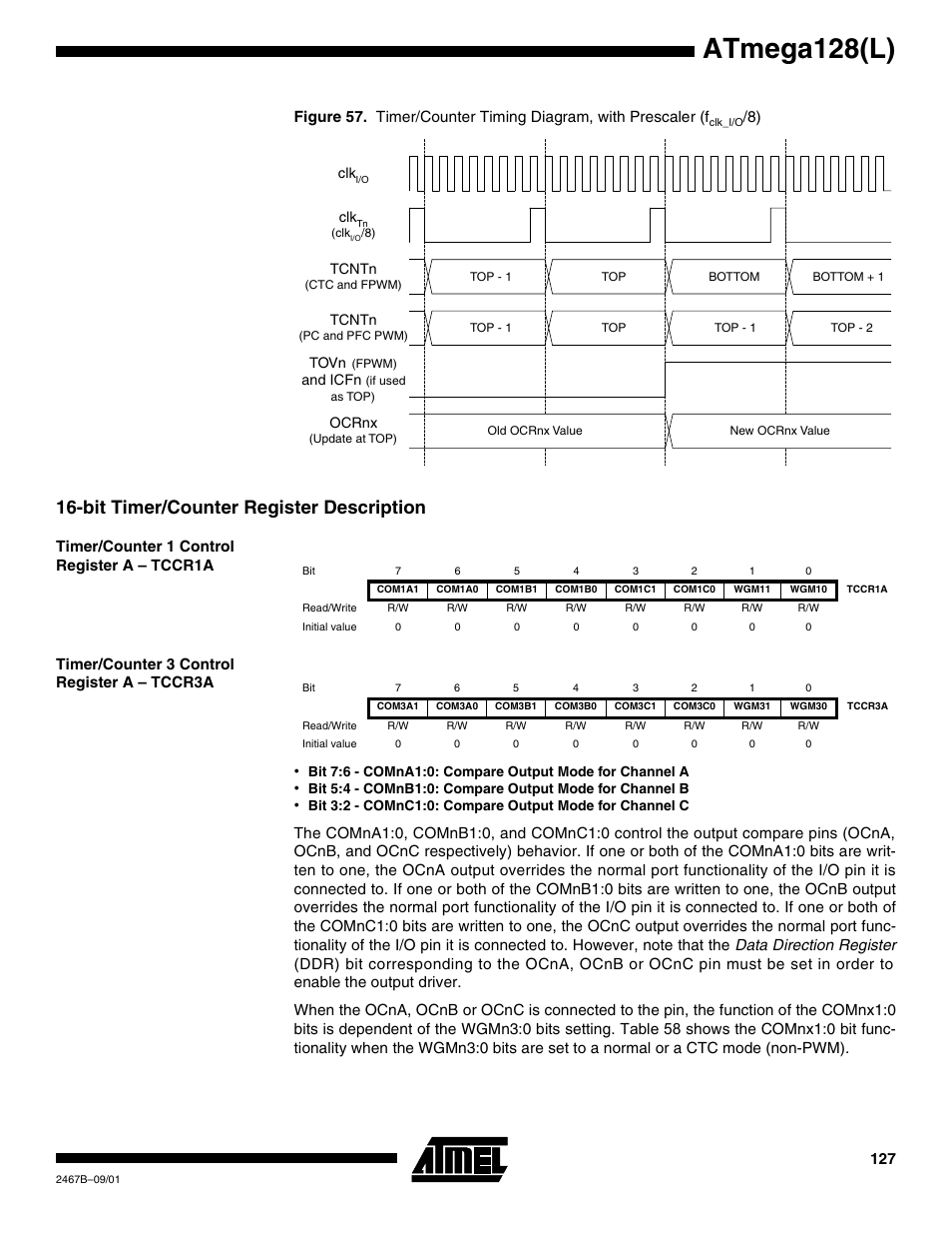 Bit timer/counter register description, Timer/counter 1 control register a – tccr1a, Timer/counter 3 control register a – tccr3a | Atmega128(l) | Rainbow Electronics ATmega128L User Manual | Page 127 / 331