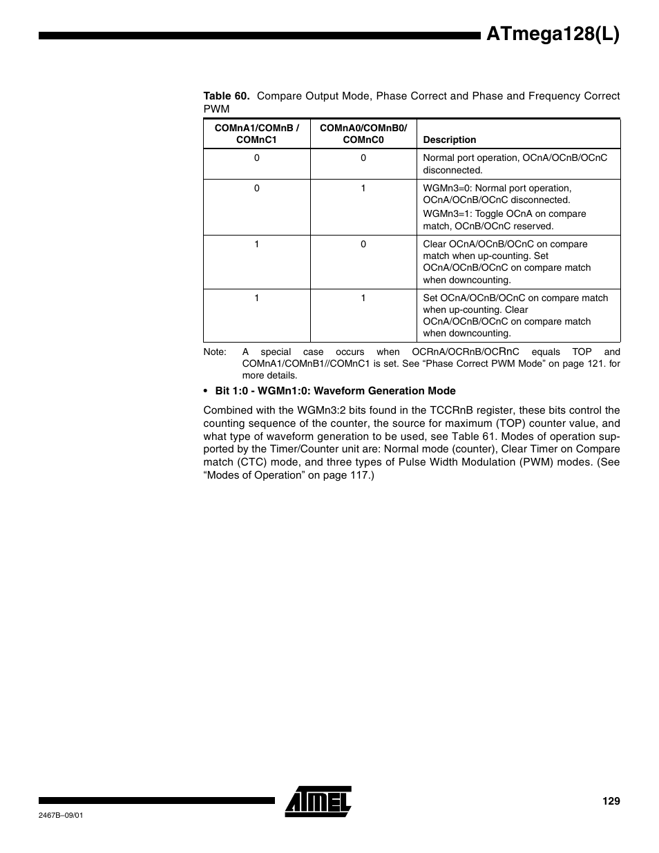 Table 60 for, Table 60 on, Atmega128(l) | Rainbow Electronics ATmega128L User Manual | Page 129 / 331