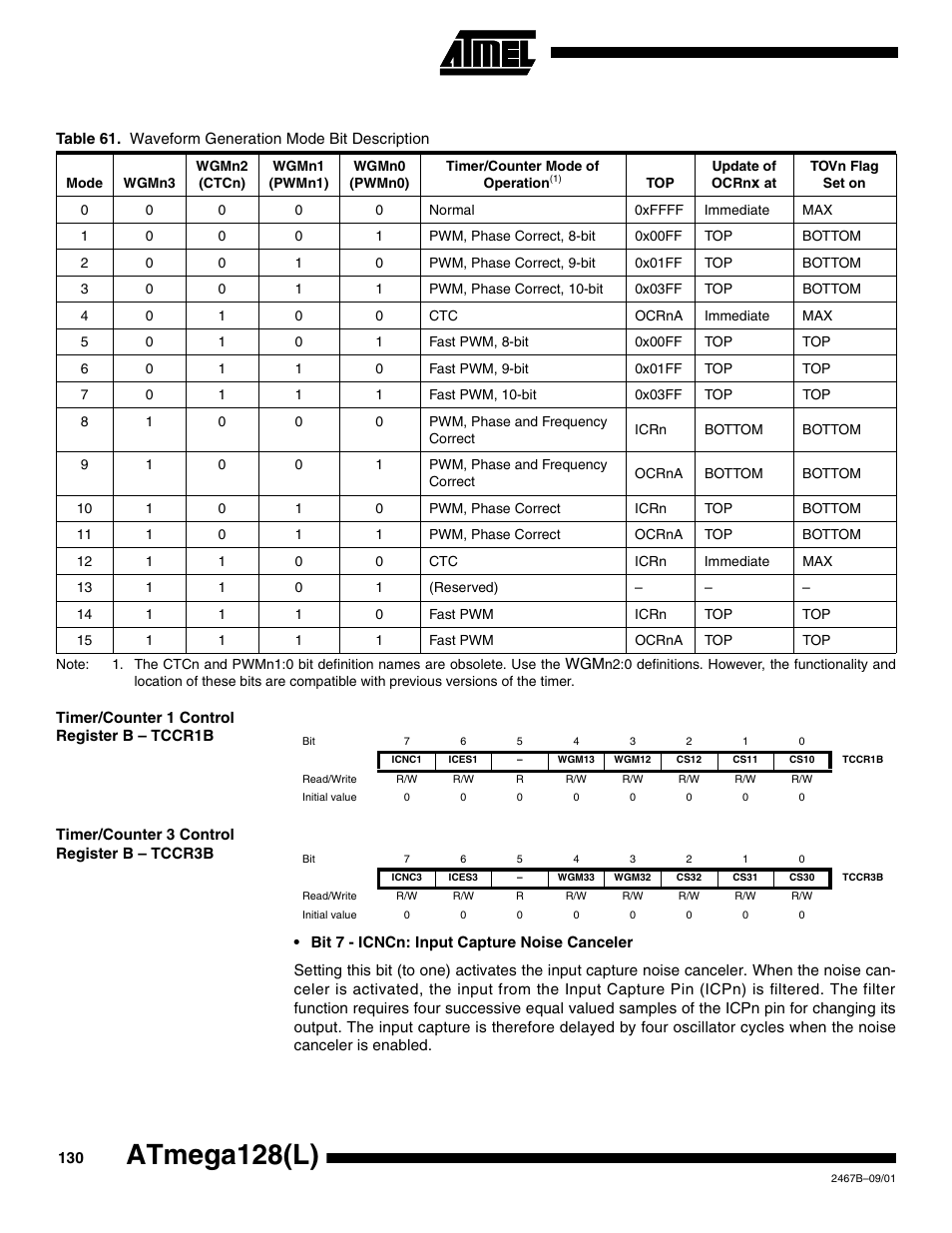 Timer/counter 1 control register b – tccr1b, Timer/counter 3 control register b – tccr3b, Table 61 | Atmega128(l) | Rainbow Electronics ATmega128L User Manual | Page 130 / 331