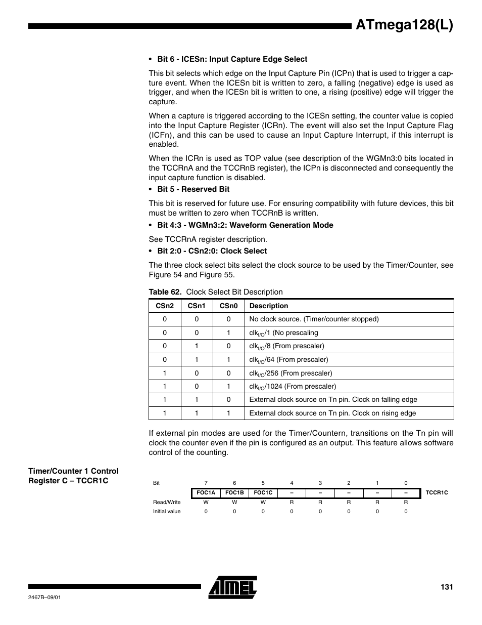 Timer/counter 1 control register c – tccr1c, Atmega128(l) | Rainbow Electronics ATmega128L User Manual | Page 131 / 331