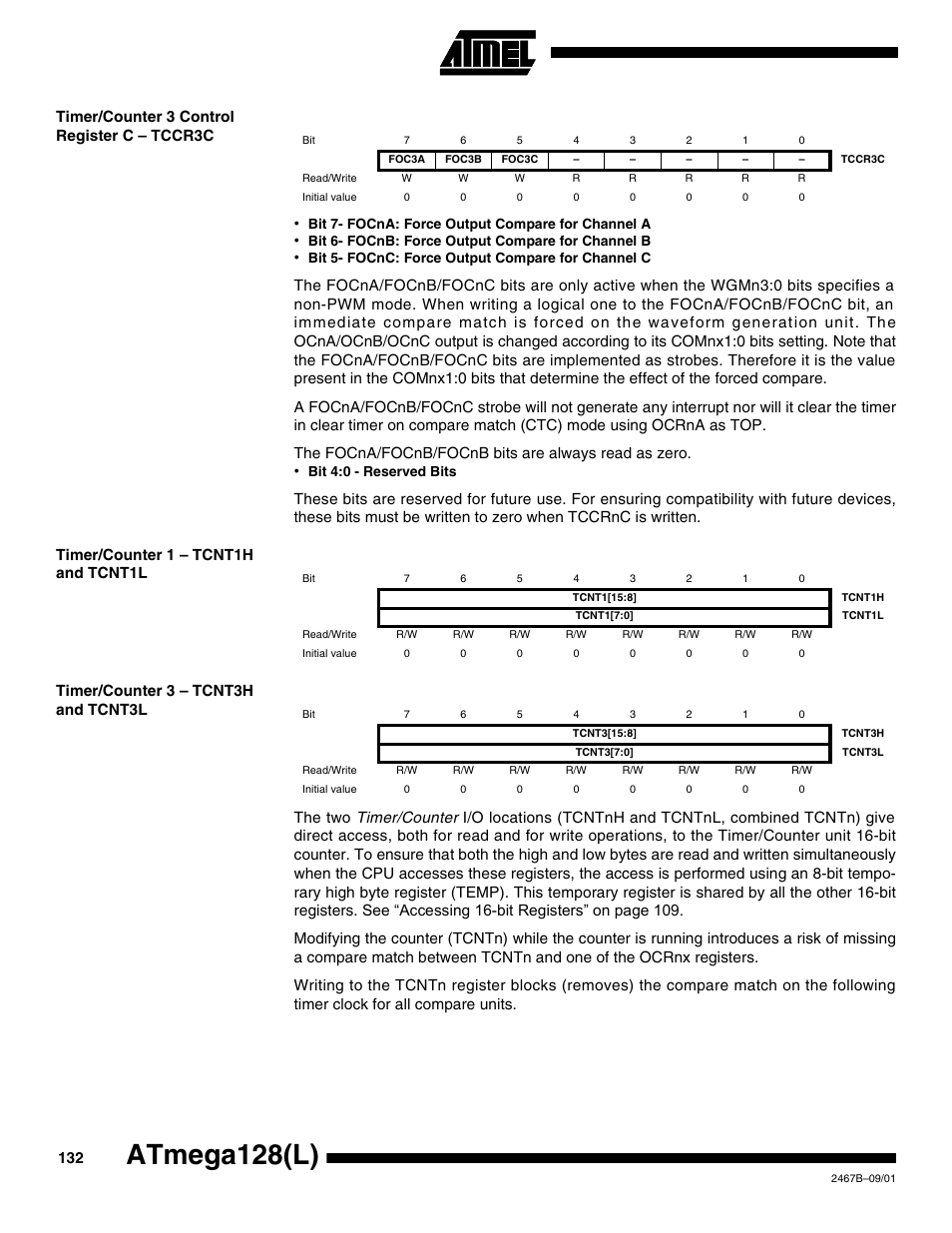 Timer/counter 3 control register c – tccr3c, Timer/counter 1 – tcnt1h and tcnt1l, Timer/counter 3 – tcnt3h and tcnt3l | Atmega128(l) | Rainbow Electronics ATmega128L User Manual | Page 132 / 331