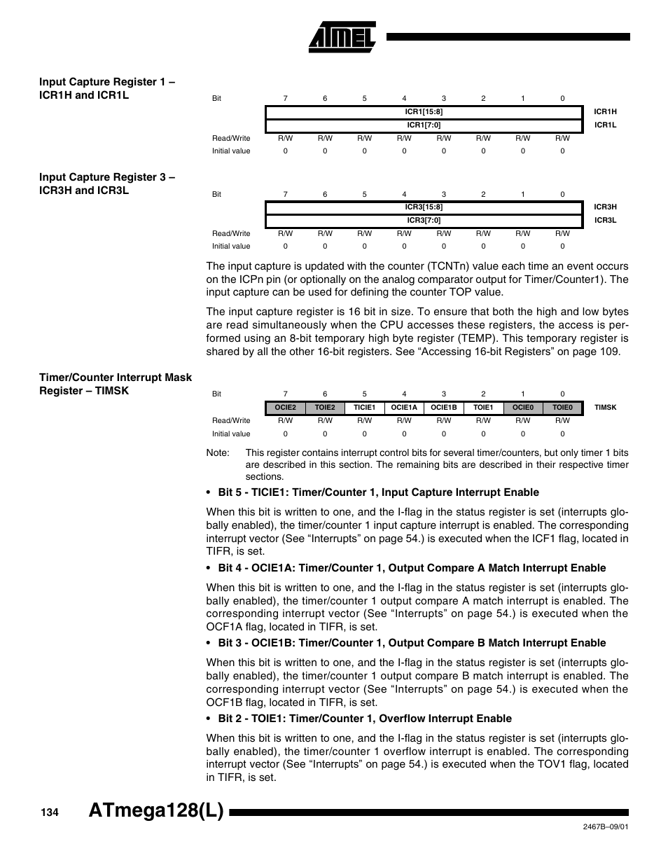 Input capture register 1 – icr1h and icr1l, Input capture register 3 – icr3h and icr3l, Timer/counter interrupt mask register – timsk | Atmega128(l) | Rainbow Electronics ATmega128L User Manual | Page 134 / 331