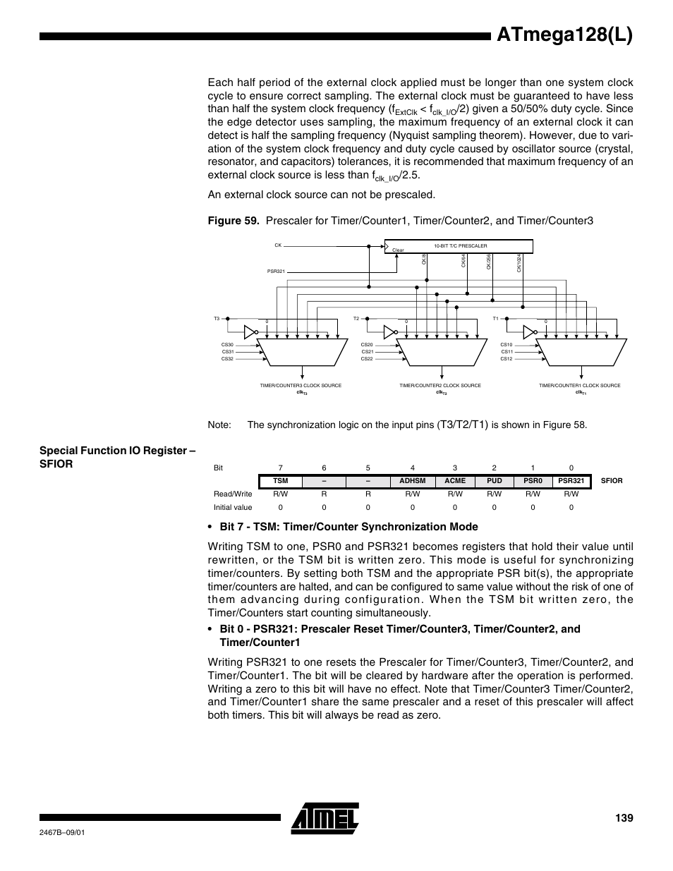 Special function io register – sfior, Atmega128(l), T3/t2/t1) | Is shown in figure 58 | Rainbow Electronics ATmega128L User Manual | Page 139 / 331