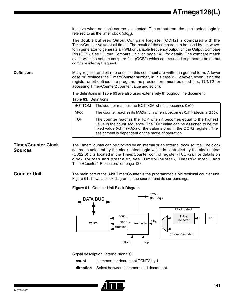 Definitions, Timer/counter clock sources, Counter unit | Atmega128(l), Data bus | Rainbow Electronics ATmega128L User Manual | Page 141 / 331