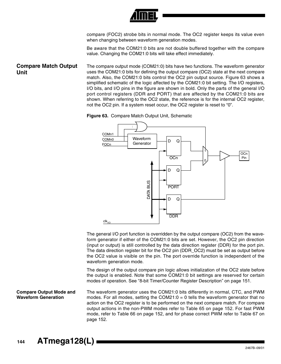 Compare match output unit, Compare output mode and waveform generation, Atmega128(l) | Rainbow Electronics ATmega128L User Manual | Page 144 / 331