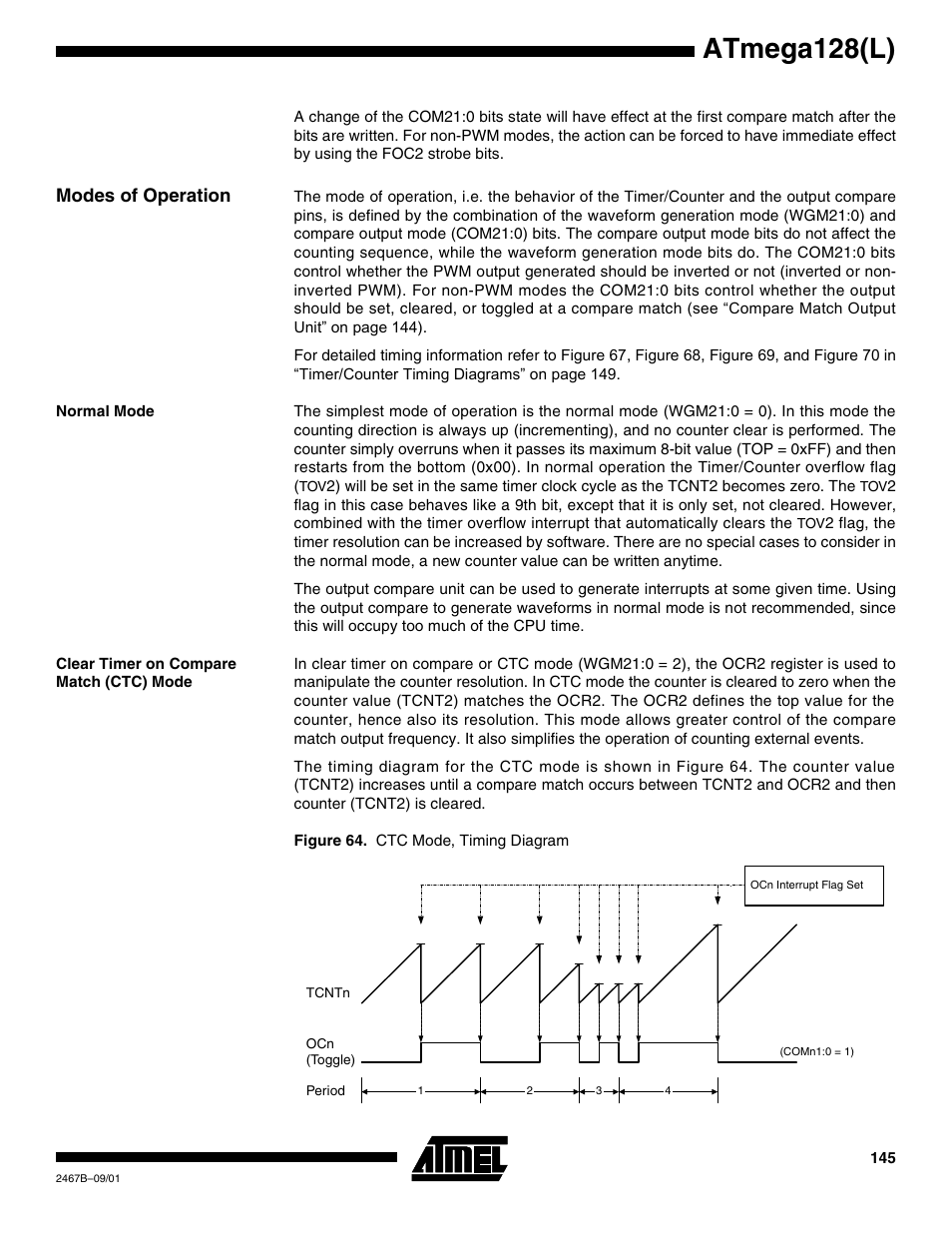 Modes of operation, Normal mode, Clear timer on compare match (ctc) mode | Atmega128(l) | Rainbow Electronics ATmega128L User Manual | Page 145 / 331
