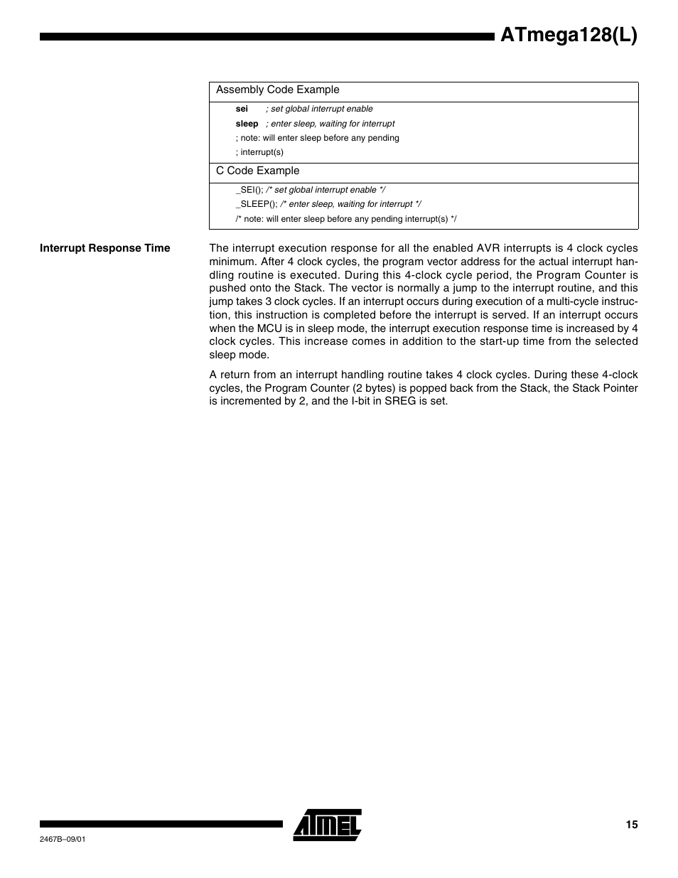 Interrupt response time, Atmega128(l) | Rainbow Electronics ATmega128L User Manual | Page 15 / 331