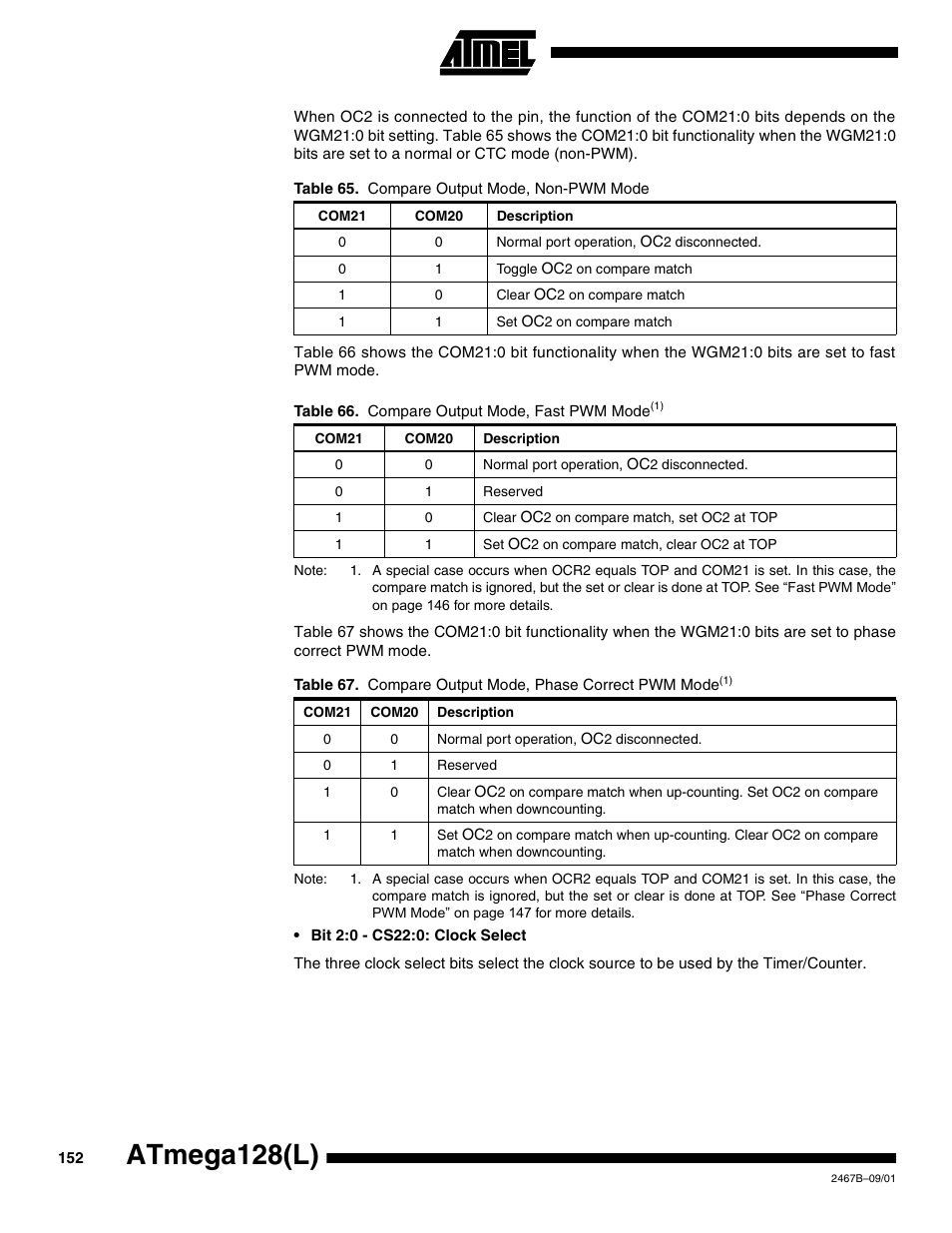 Table 67 on, Atmega128(l) | Rainbow Electronics ATmega128L User Manual | Page 152 / 331