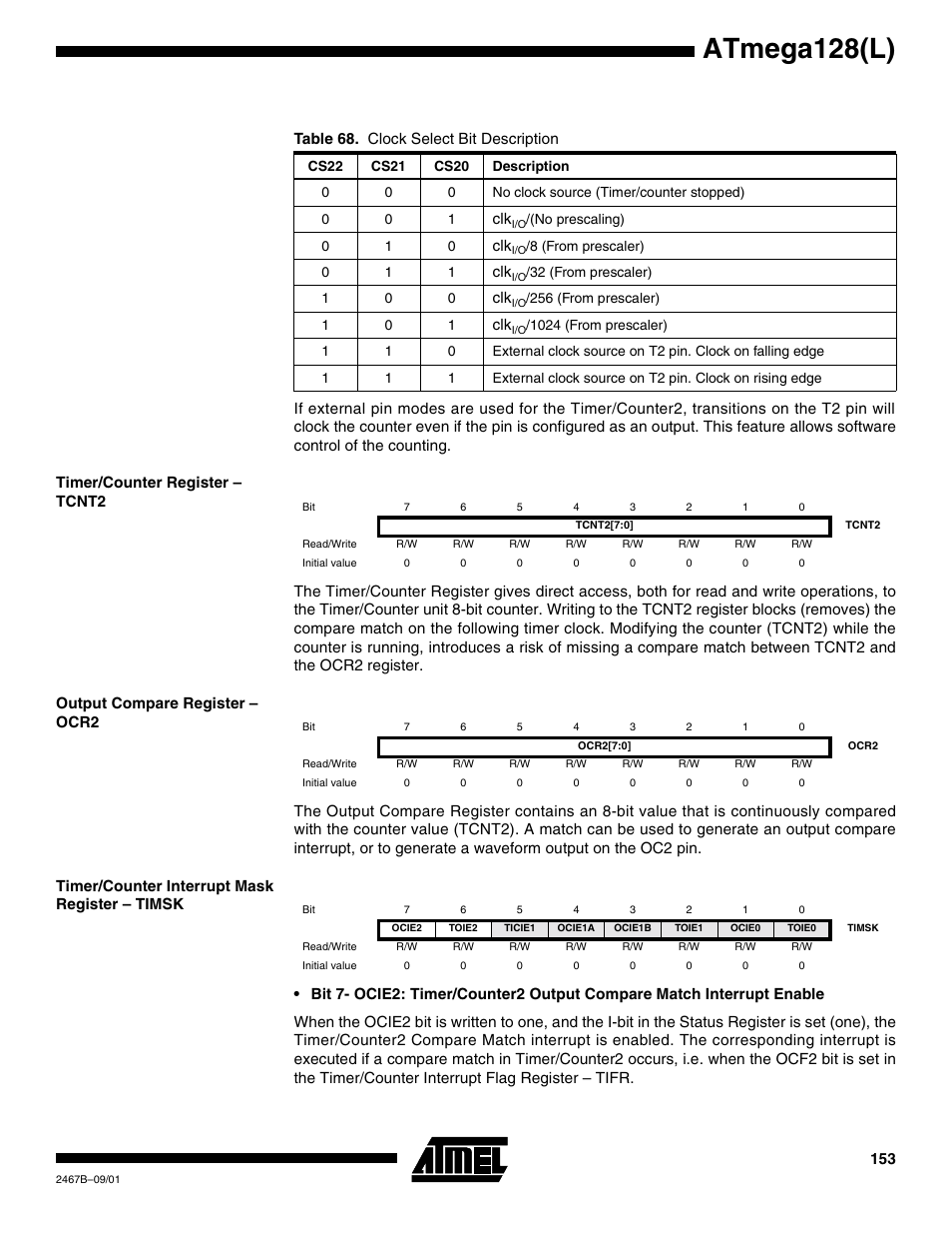Timer/counter register – tcnt2, Output compare register – ocr2, Timer/counter interrupt mask register – timsk | Atmega128(l) | Rainbow Electronics ATmega128L User Manual | Page 153 / 331