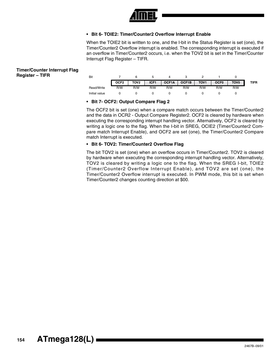 Timer/counter interrupt flag register – tifr, Atmega128(l) | Rainbow Electronics ATmega128L User Manual | Page 154 / 331