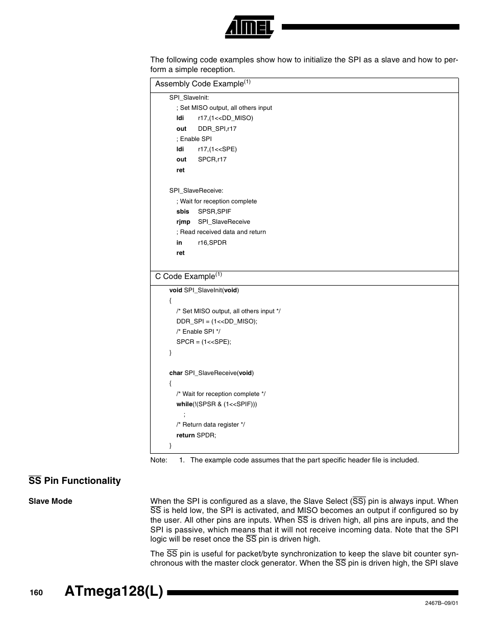 Ss pin functionality, Slave mode, Atmega128(l) | Rainbow Electronics ATmega128L User Manual | Page 160 / 331