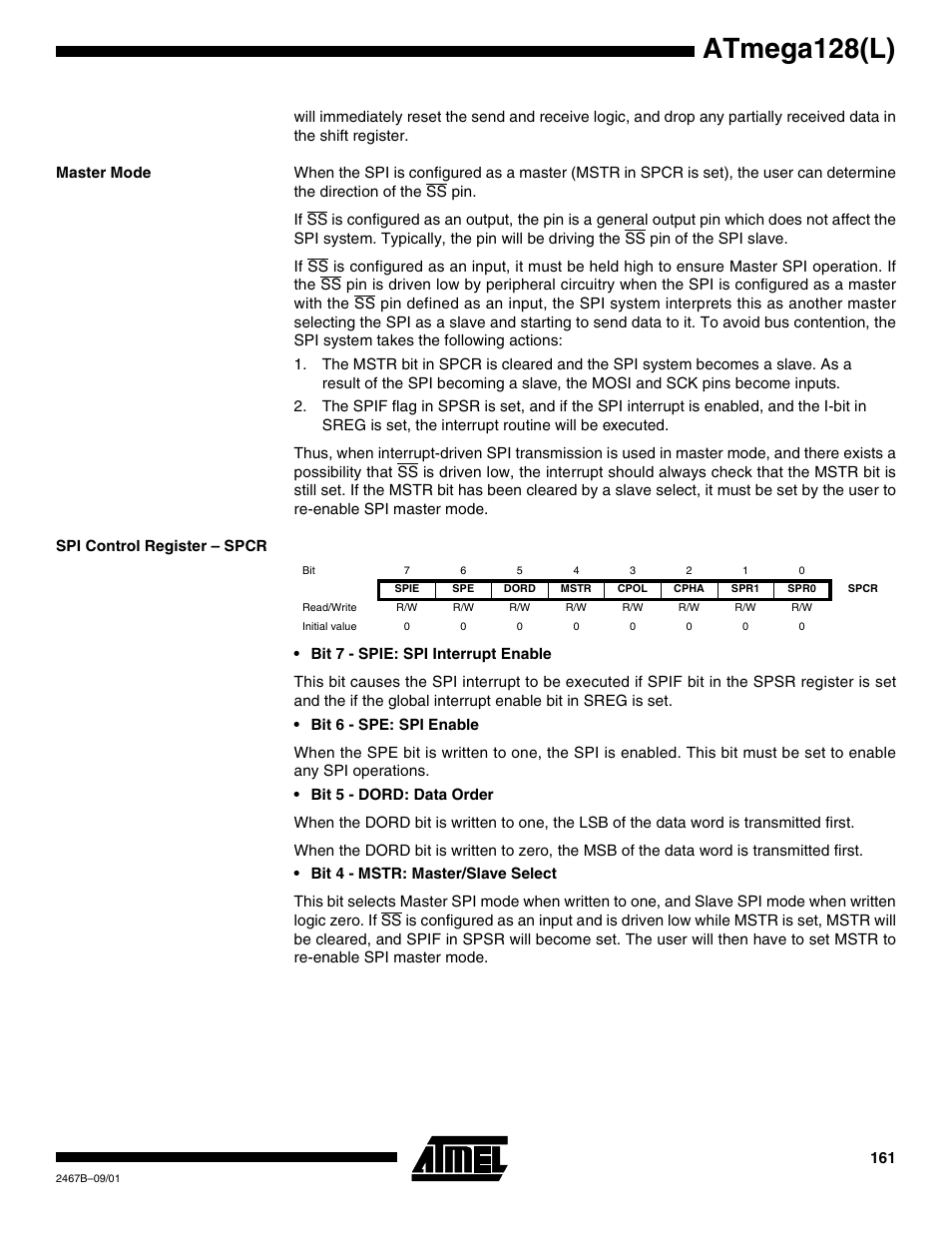 Master mode, Spi control register – spcr, Atmega128(l) | Rainbow Electronics ATmega128L User Manual | Page 161 / 331