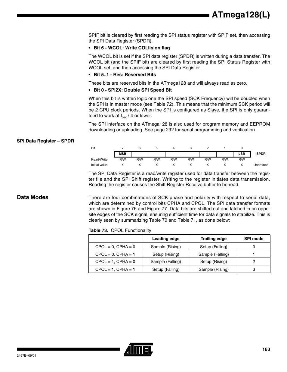 Spi data register – spdr, Data modes, Atmega128(l) | Rainbow Electronics ATmega128L User Manual | Page 163 / 331