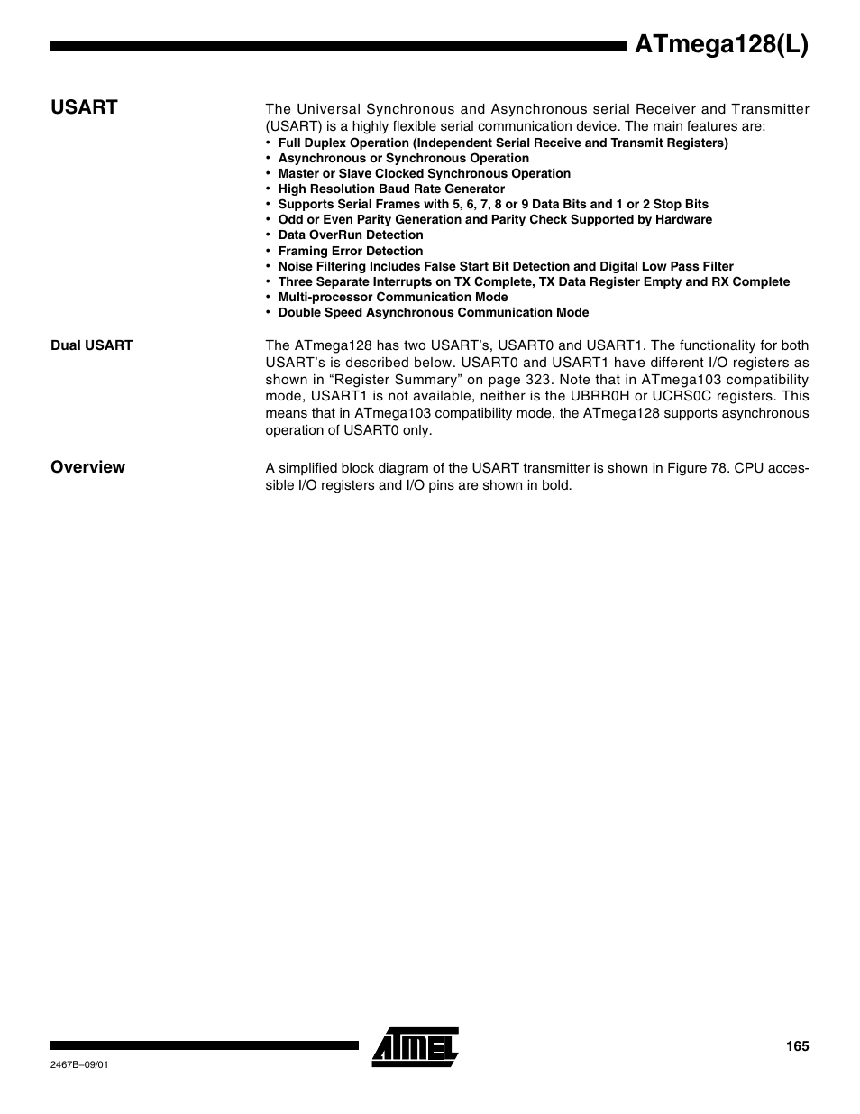 Usart, Dual usart, Overview | Atmega128(l) | Rainbow Electronics ATmega128L User Manual | Page 165 / 331