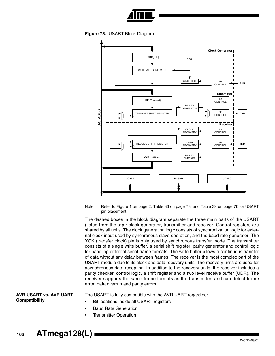 Avr usart vs. avr uart – compatibility, Atmega128(l), Figure 78. usart block diagram | Rainbow Electronics ATmega128L User Manual | Page 166 / 331