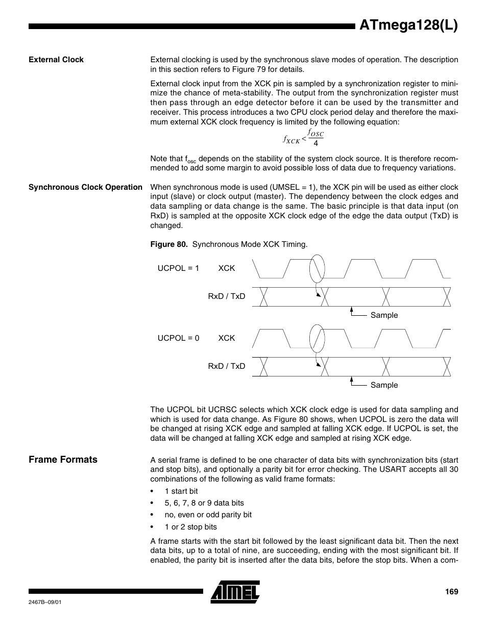 External clock, Synchronous clock operation, Frame formats | Atmega128(l) | Rainbow Electronics ATmega128L User Manual | Page 169 / 331