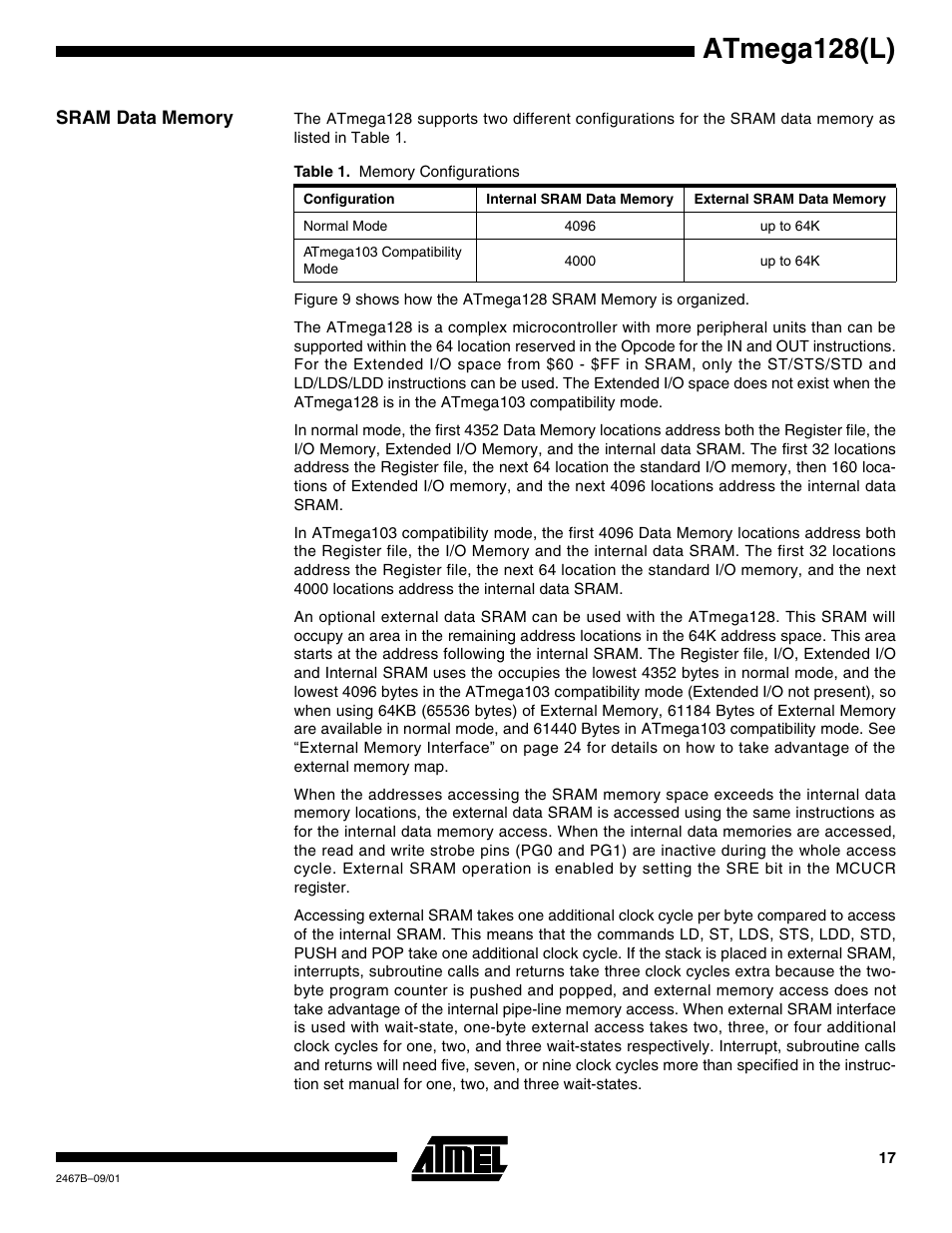 Sram data memory, Atmega128(l) | Rainbow Electronics ATmega128L User Manual | Page 17 / 331