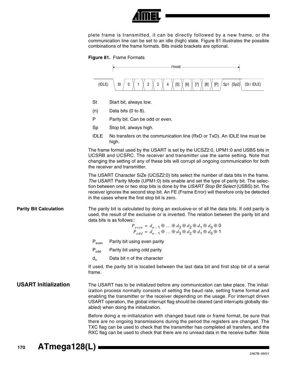 Parity bit calculation, Usart initialization, Atmega128(l) | Rainbow Electronics ATmega128L User Manual | Page 170 / 331