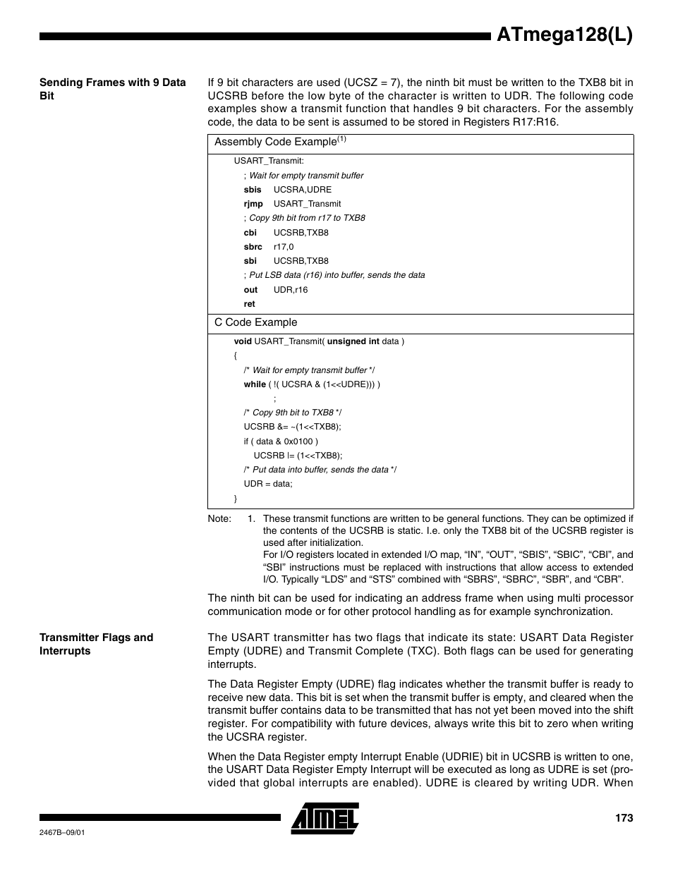 Sending frames with 9 data bit, Transmitter flags and interrupts, Atmega128(l) | Rainbow Electronics ATmega128L User Manual | Page 173 / 331