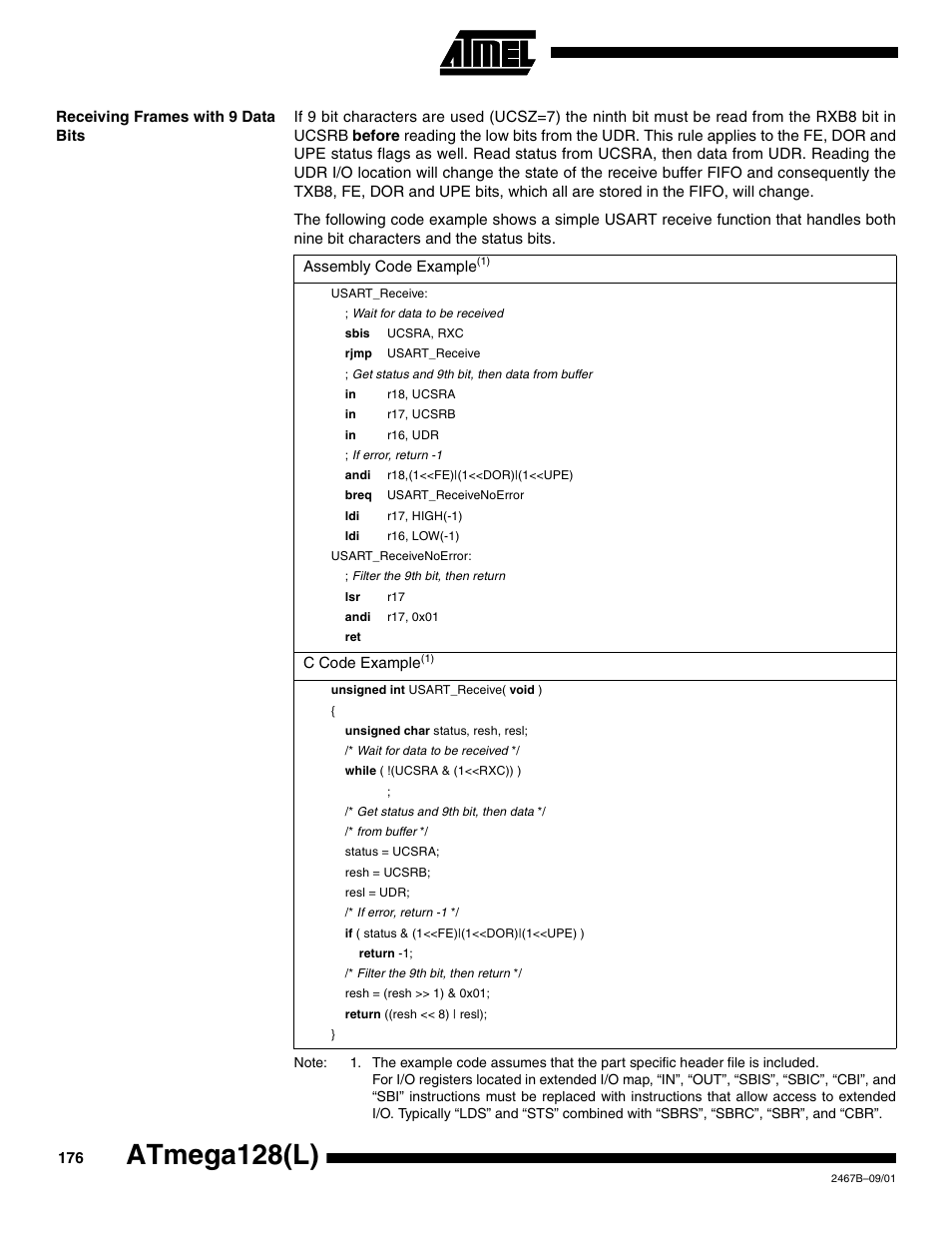 Receiving frames with 9 data bits, Atmega128(l) | Rainbow Electronics ATmega128L User Manual | Page 176 / 331