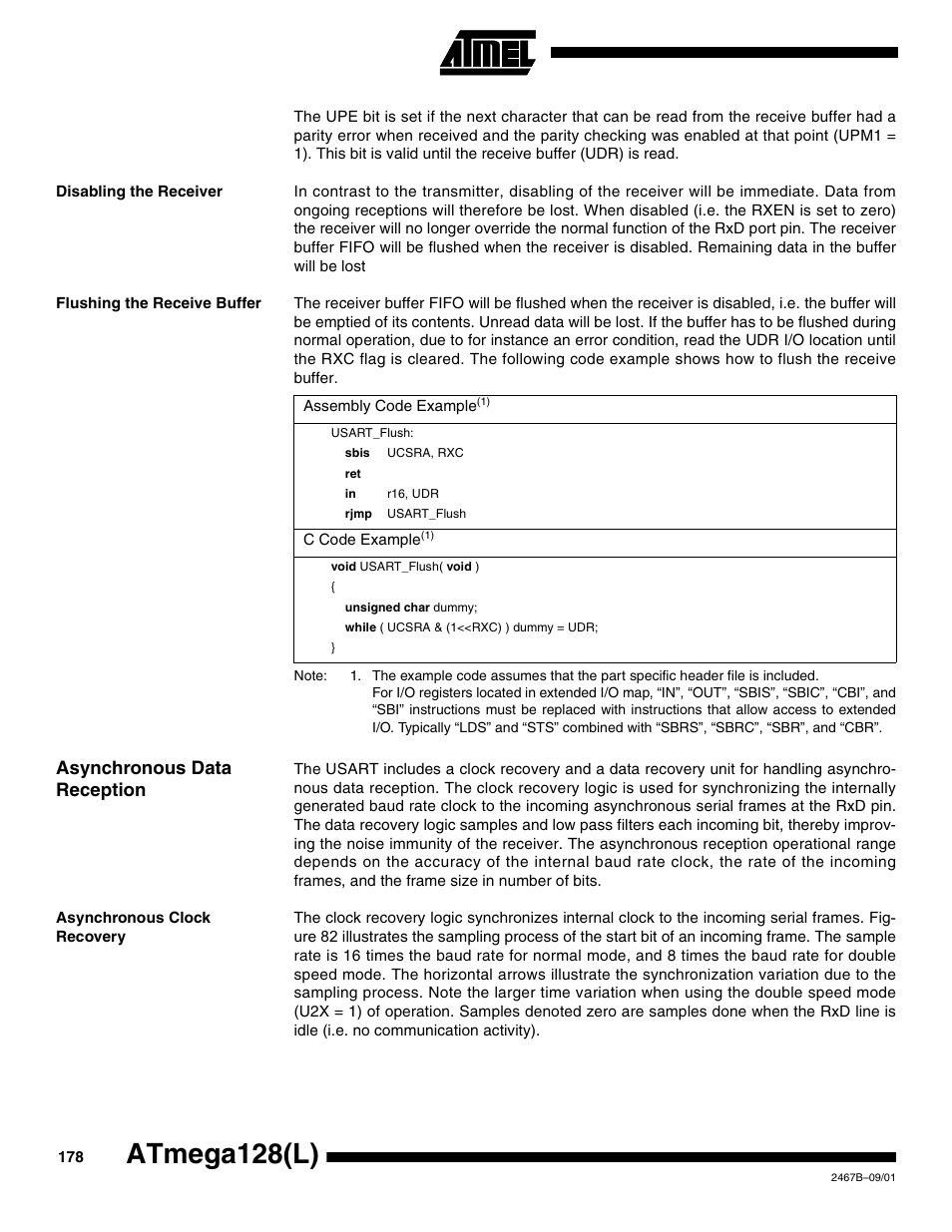 Disabling the receiver, Flushing the receive buffer, Asynchronous data reception | Asynchronous clock recovery, Atmega128(l) | Rainbow Electronics ATmega128L User Manual | Page 178 / 331