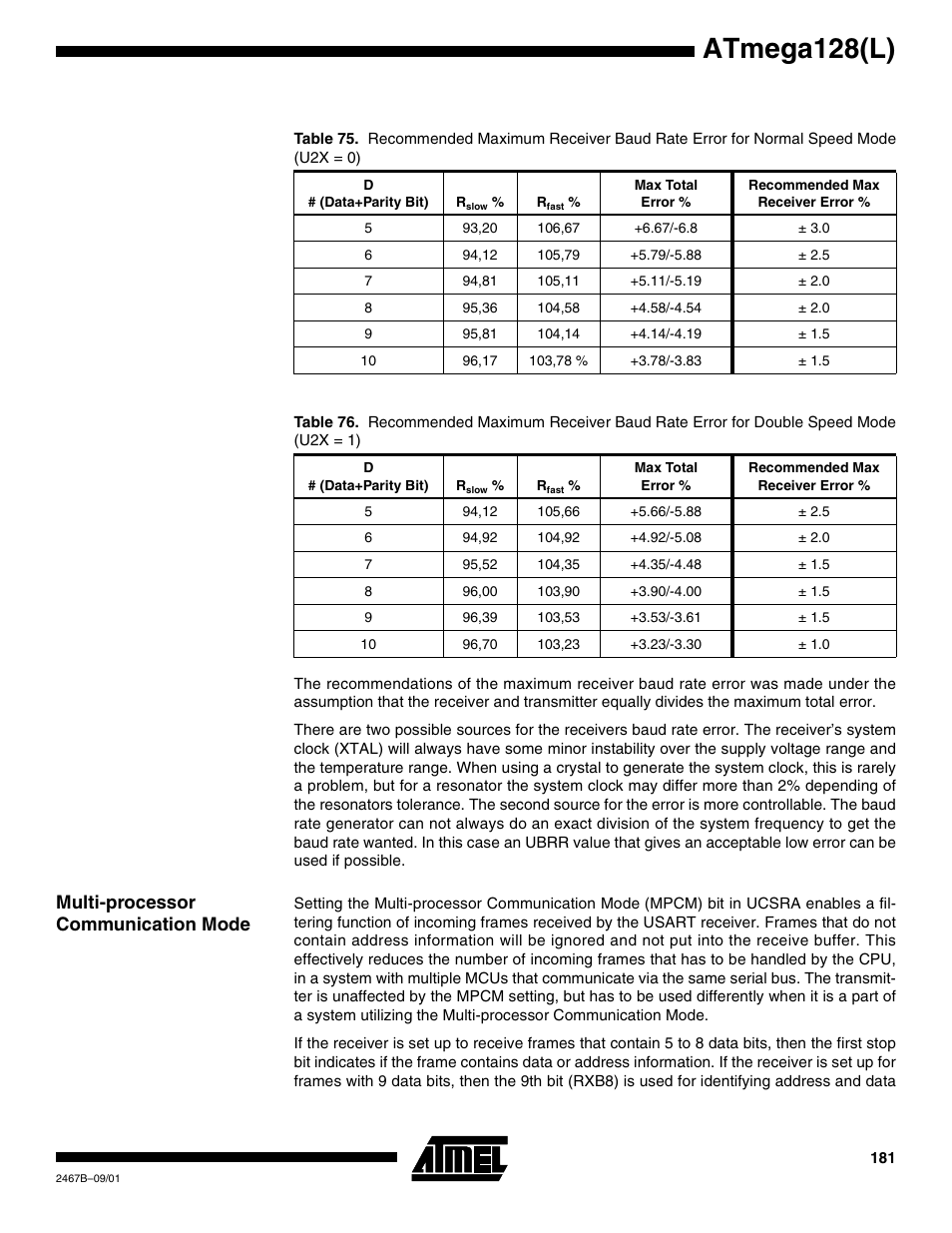 Multi-processor communication mode, Table 75, D table 76 | Atmega128(l) | Rainbow Electronics ATmega128L User Manual | Page 181 / 331