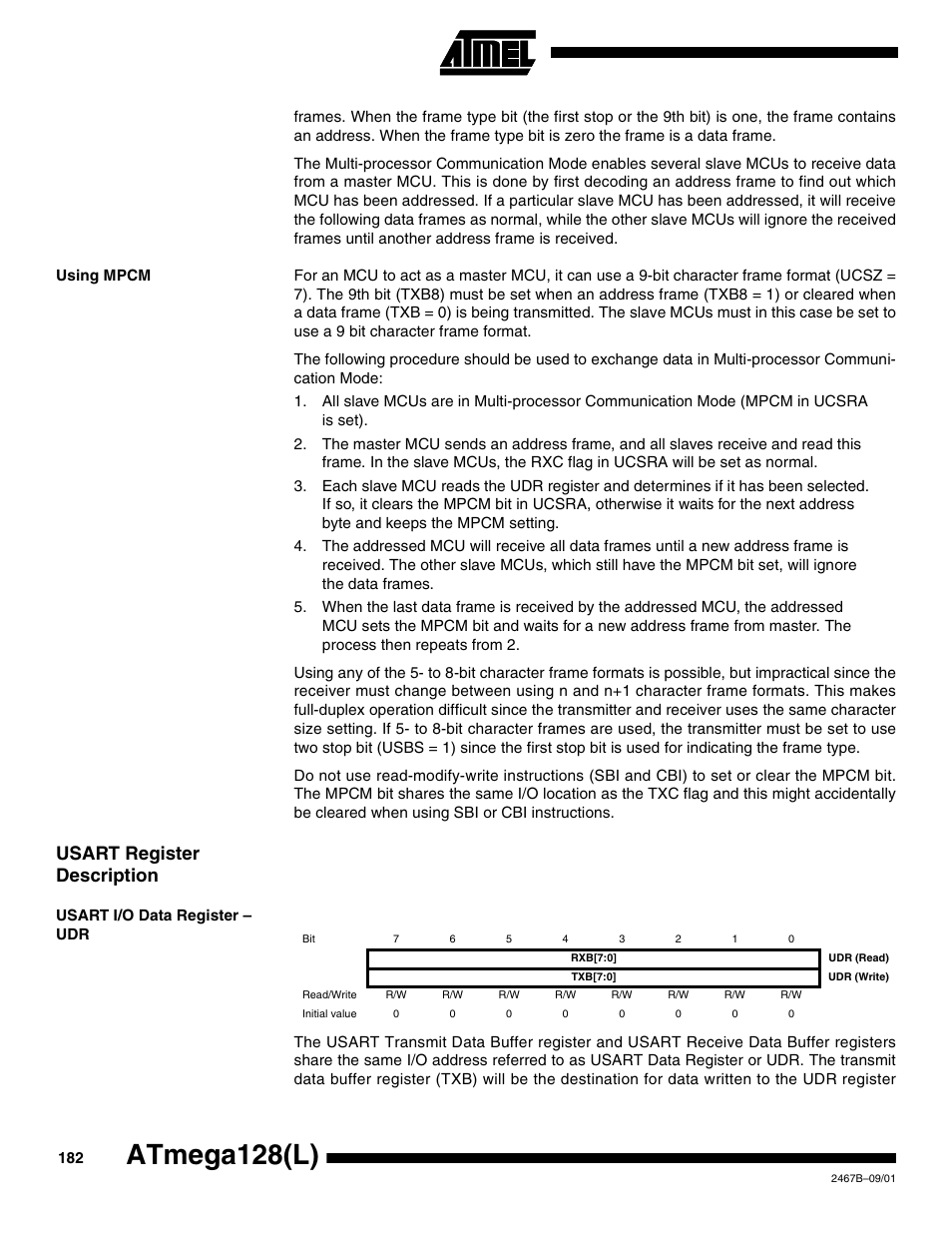 Using mpcm, Usart register description, Usart i/o data register – udr | Atmega128(l) | Rainbow Electronics ATmega128L User Manual | Page 182 / 331