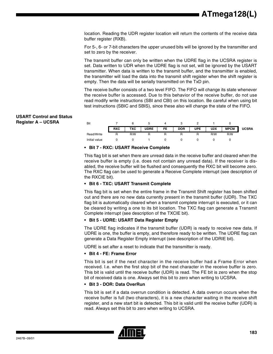 Usart control and status register a – ucsra, Atmega128(l) | Rainbow Electronics ATmega128L User Manual | Page 183 / 331