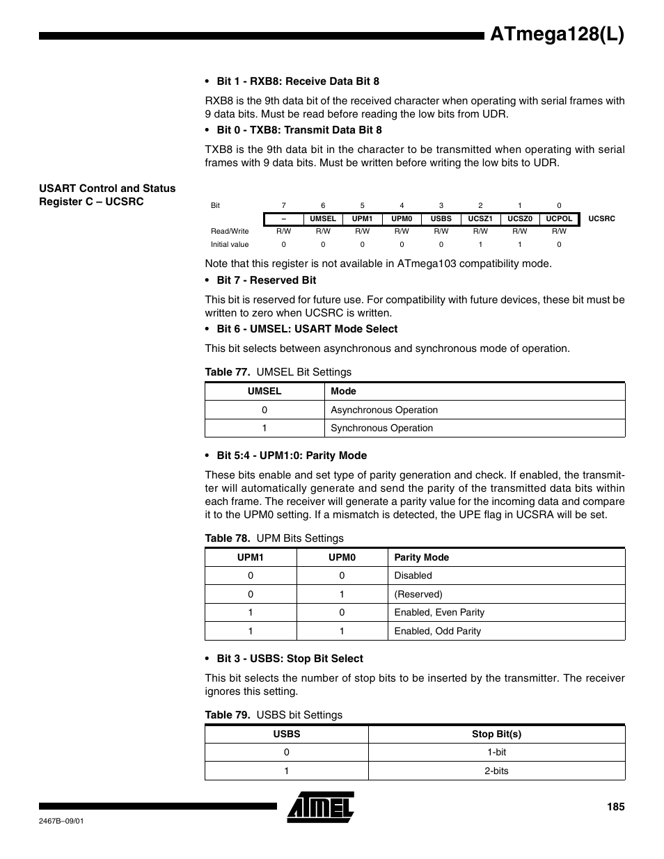 Usart control and status register c – ucsrc, Atmega128(l) | Rainbow Electronics ATmega128L User Manual | Page 185 / 331
