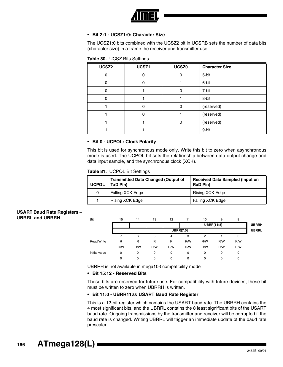 Usart baud rate registers – ubrrl and ubrrh, Atmega128(l) | Rainbow Electronics ATmega128L User Manual | Page 186 / 331