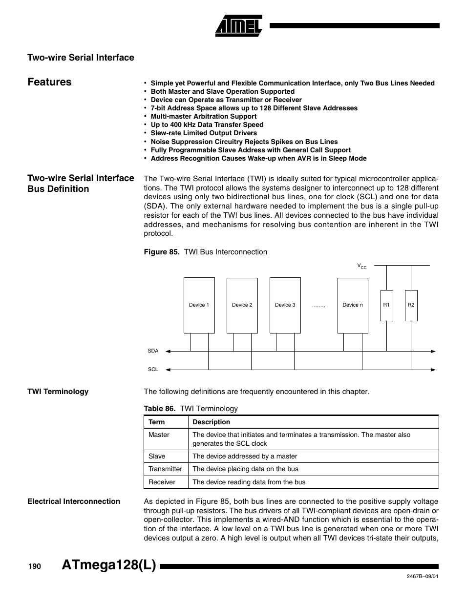 Two-wire serial interface, Features, Two-wire serial interface bus definition | Twi terminology, Electrical interconnection, Atmega128(l) | Rainbow Electronics ATmega128L User Manual | Page 190 / 331