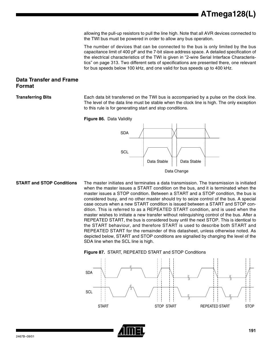 Data transfer and frame format, Transferring bits, Start and stop conditions | Atmega128(l) | Rainbow Electronics ATmega128L User Manual | Page 191 / 331