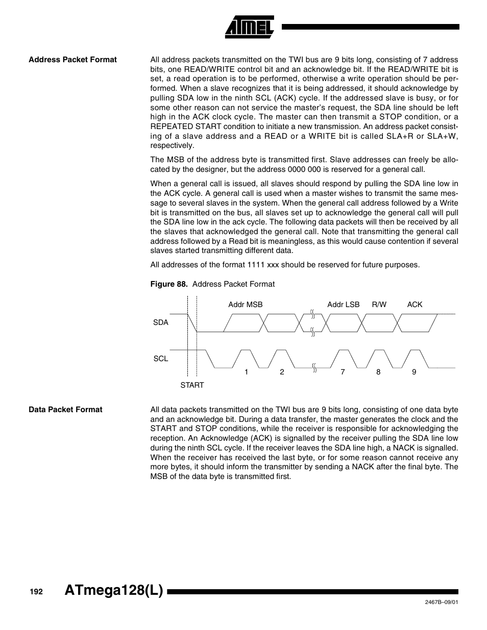 Address packet format, Data packet format, Atmega128(l) | Rainbow Electronics ATmega128L User Manual | Page 192 / 331